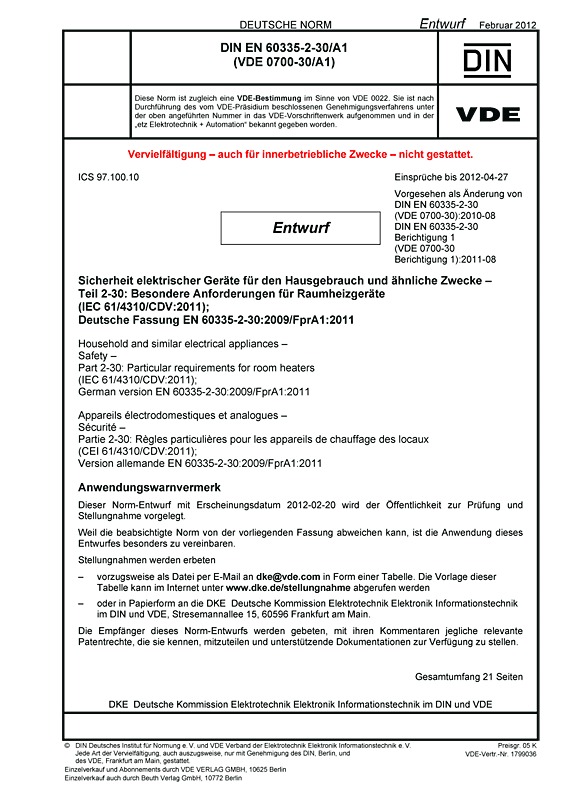 E Din En 60335 2 30 A1 Vde 0700 30 A1 2012 02 Standards